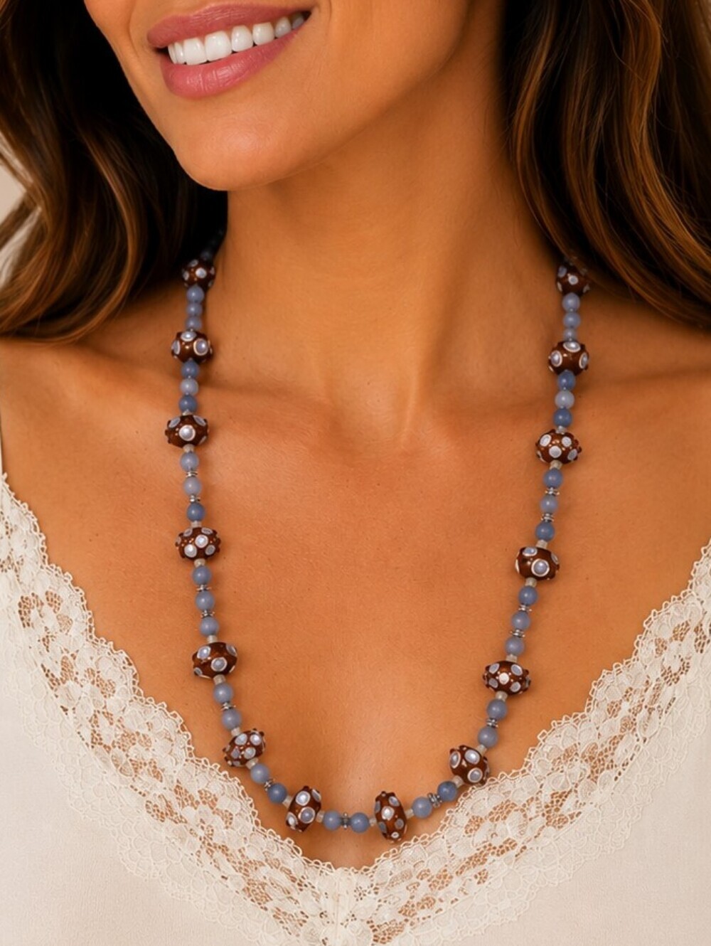 HANDMADE Agate Quartz Lampwork Beaded Artsy Festival Necklace